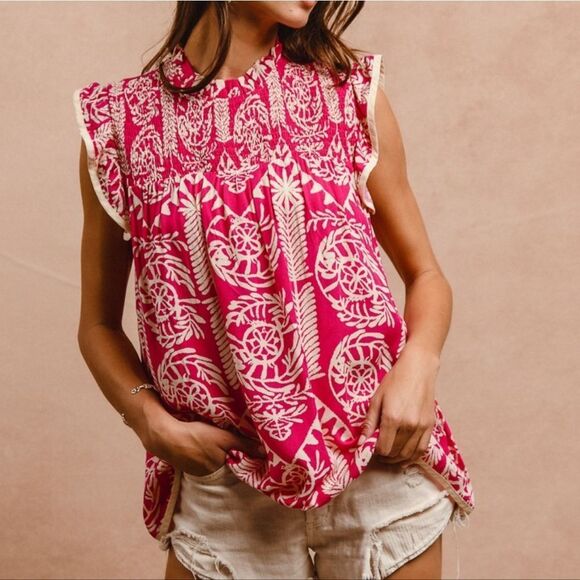 **BiBi Printed Ruffle Sleeve Top Pink and White Batik Print Women's Top - Picture 4 of 15